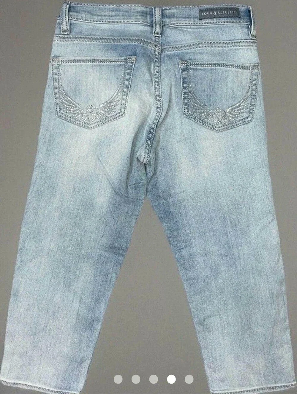 Rock & Republic Light Blue Jean Capris with Rhinestone Wing Pockets.